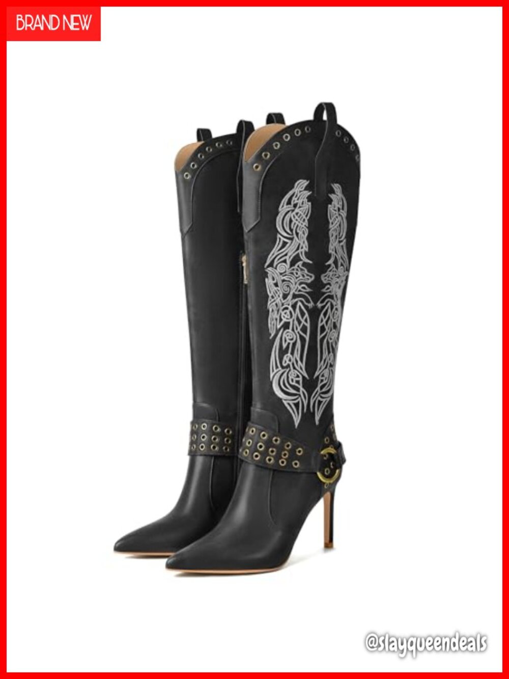 Western Knee High Boots Pointed Toe Stiletto Heel Side Zip